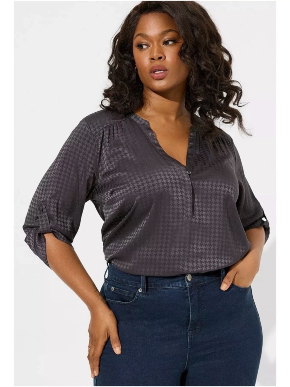 torrid Charcoal Houndstooth Satin V-Neck Blouse